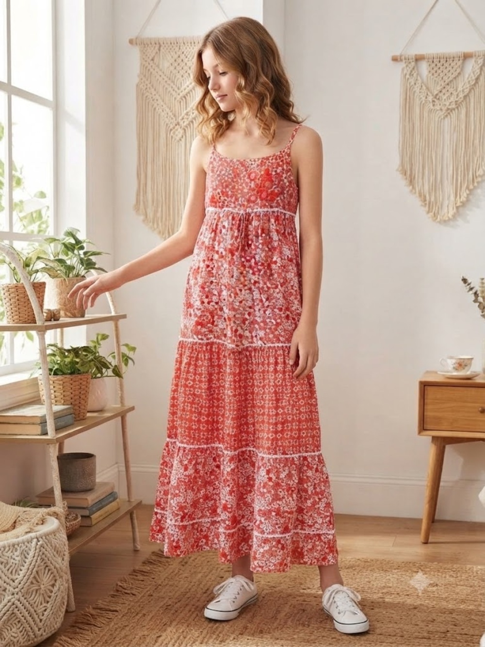 Poupette St Barth Kids Avril Long Dress, Red Flower Bunch Print, Size 8